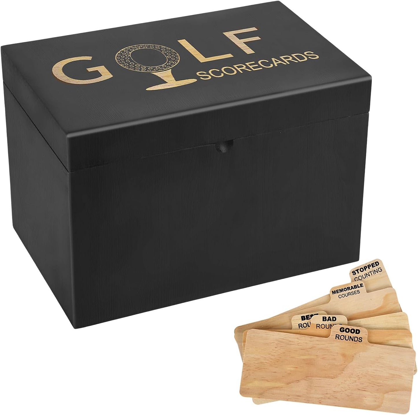 Golf Scorecard Collection Box, Golf Storage Box With 5 Wooden Dividers, Scorecard Keeper For Keepsakes Cards Club Storage Score Book Pencil Log, Unique Golf Gift (Black)