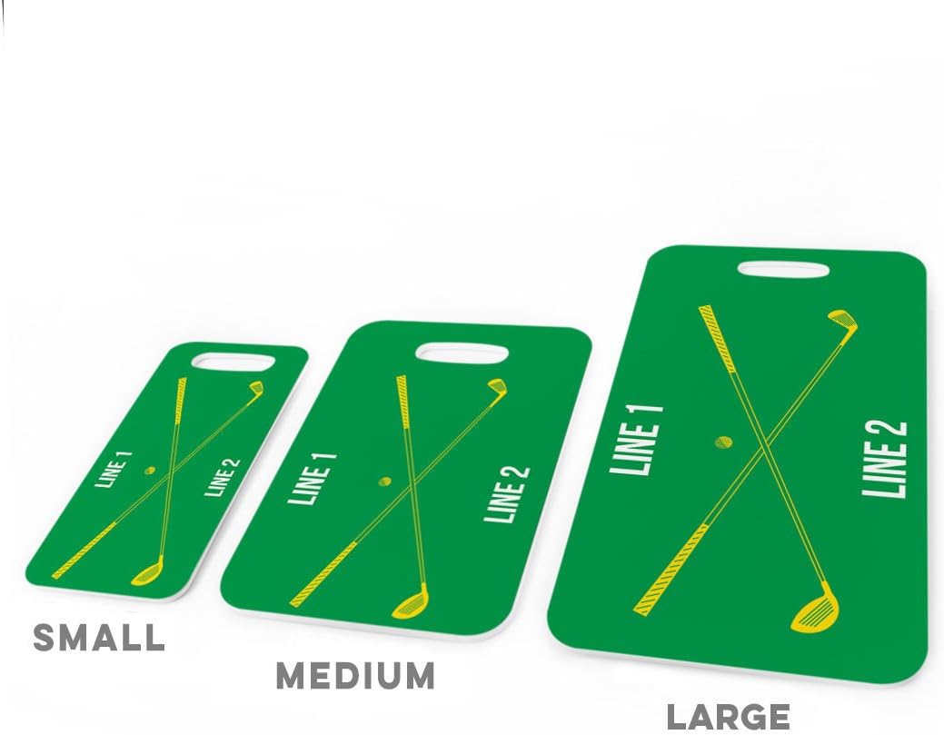 ChalkTalkSPORTS Golf Luggage & Bag Tag | Personalized Crossed Golf Clubs | Standard Lines on Back | Medium | Green/Yellow