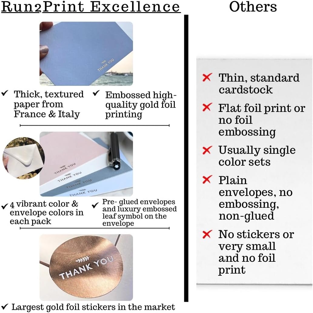 RUN2PRINT (36 Pack Thank You Cards With Envelopes & Foil Stickers - Elegant Dusty multicolored Emboss Gold Foil Pressed - Blank Notes Wedding, Bridal, Baby Shower, Business and Formal All Occasion Cards