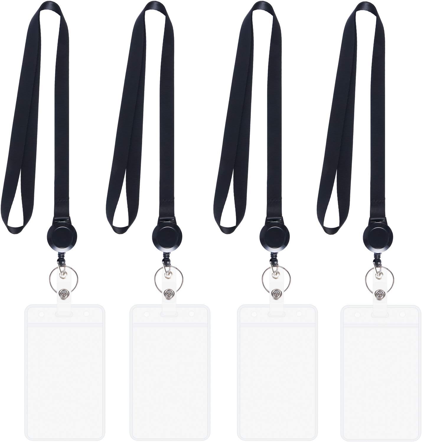 YOUOWO Lanyards Black with Retractable Badge Reel and Vertical ID Badge Holder,Punched Zipper Waterproof (4 Pack Black with Badge Reel Badge Holder)