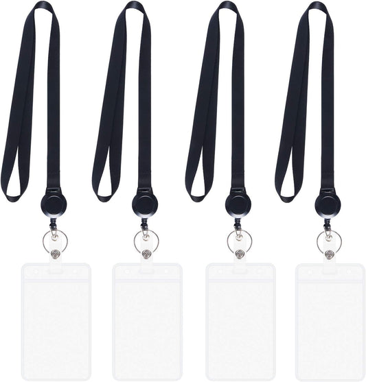 YOUOWO Lanyards Black with Retractable Badge Reel and Vertical ID Badge Holder,Punched Zipper Waterproof (4 Pack Black with Badge Reel Badge Holder)
