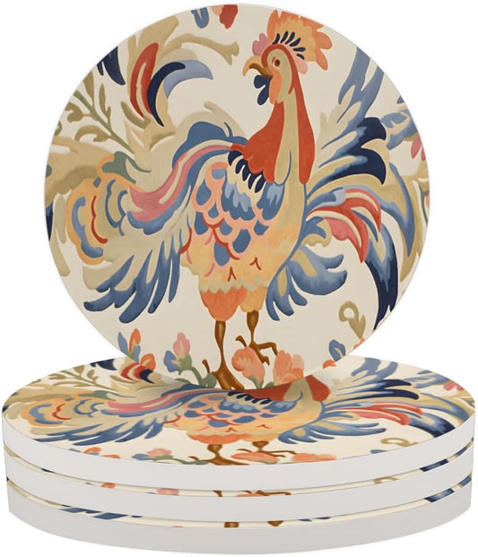 Ceramic Coasters for Drinks with Cork Back,Colorful Rooster Art 4 Inch Absorbent Coaster Set 4 Pack, Quick Dry Non-Slip Coaster Mats for Home, Office, Bar