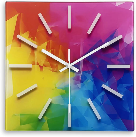 Square Glass Wall Clock Silent Analog Wall Clocks Battery Operated 14 Inch Colorful Wall Clock for Kitchen