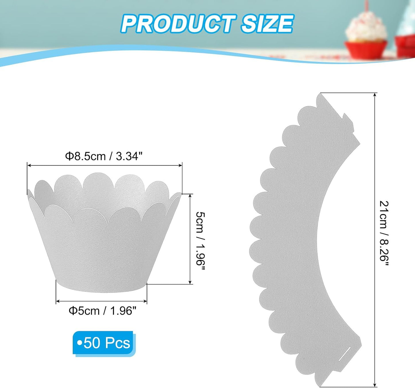 PATIKIL Cupcake Wrappers Paper, 50 Pack Baking Cups Standard Wave Decoration for Anniversary Birthday Weddings and Parties, Silver/Grey