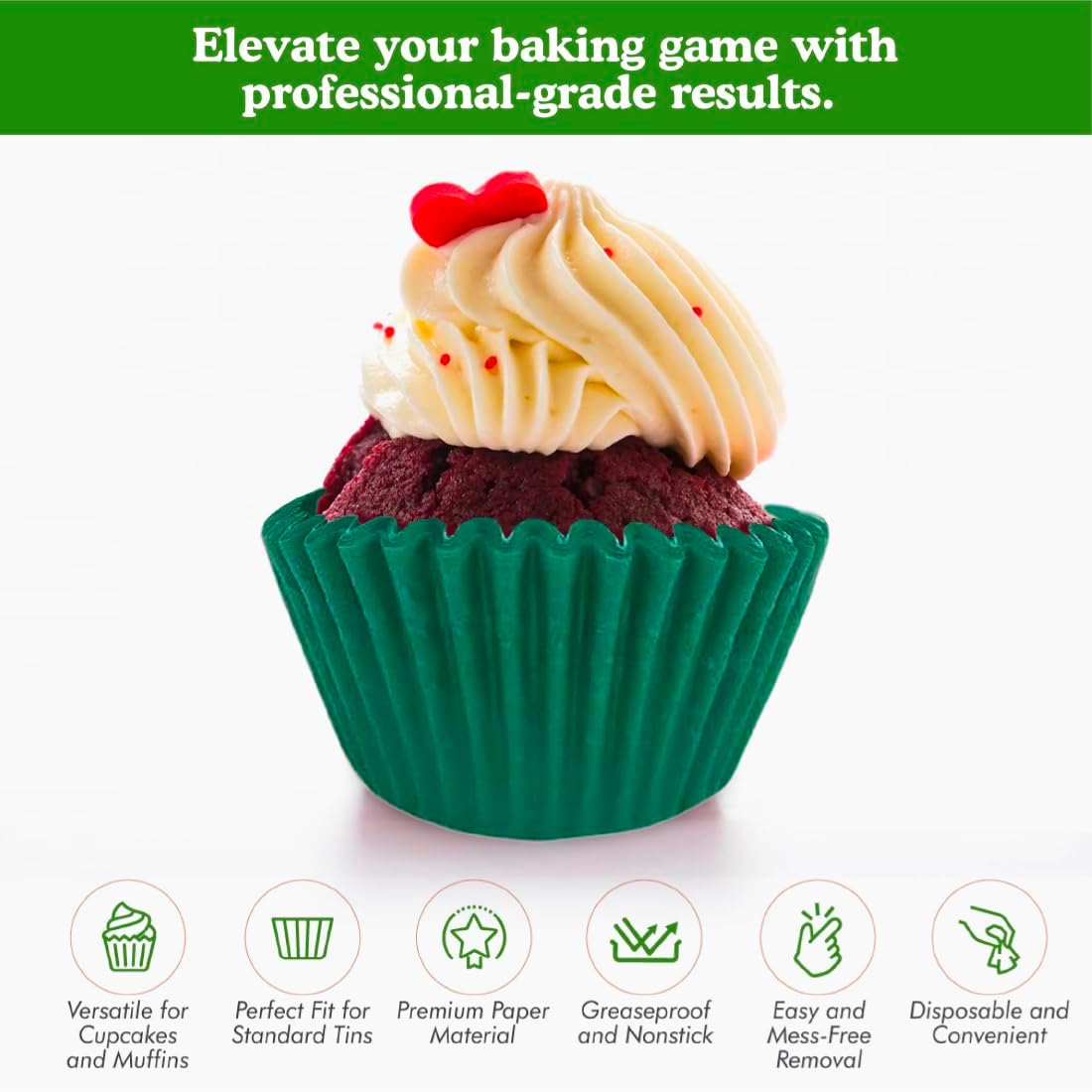 Regency Wraps Greaseproof Professional Grade Baking Cups, Pack of 40, Standard Liners, Green Solid, for Cupcakes, Muffins, Candy, Non Stick