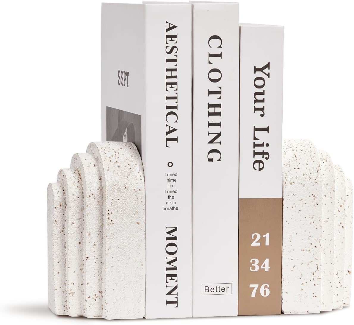 Heavy Duty Book Ends for Shelves Set of 2, Morden Decorative Bookends for Heavy Book, Aesthetic Resin Decor Book Stoppers, White Book End for Home Office Decorative