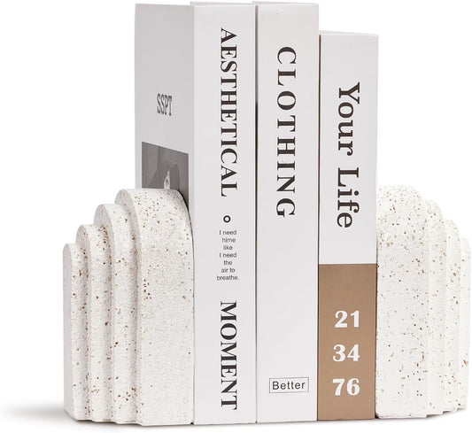 Heavy Duty Book Ends for Shelves Set of 2, Morden Decorative Bookends for Heavy Book, Aesthetic Resin Decor Book Stoppers, White Book End for Home Office Decorative