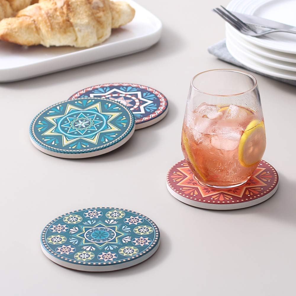 Darate Absorbent Coasters with Holder Set of 8, Coasters for Drinks, Unique Housewarming Gift, 4 Inch Round Coaster for Bedroom, Home, Office, Bar, Dining Room, Living Room, Kitchen (Mandala)