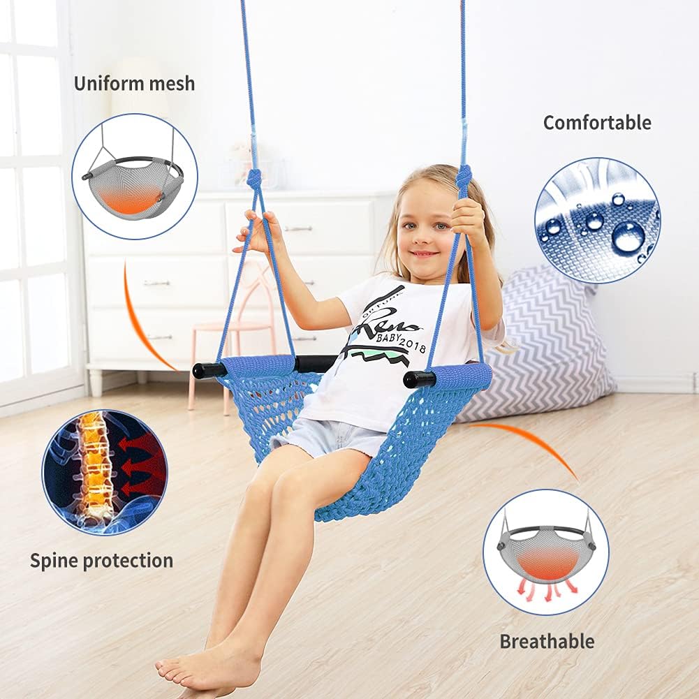 Hand-Knitting Toddler Swing, Swing Seat for Kids with Adjustable Ropes, Little tikes Swings Set, for Outdoor Indoor, Playground, Backyard (Blue)