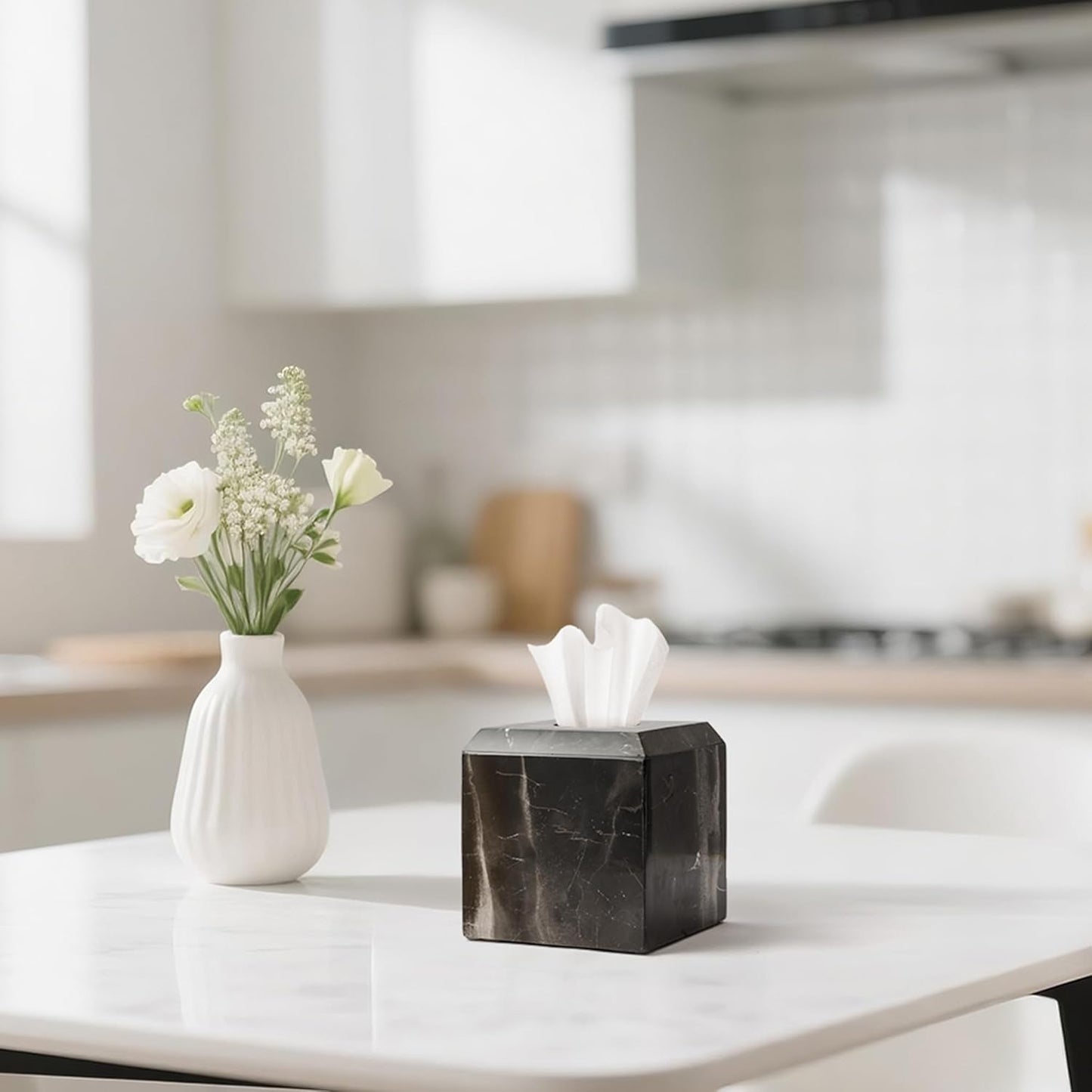 WORHE Tissue Box Cover Italy Natural Marble Heavy Duty Square Facial Toilet Paper Holder for Bathroom Living Room Bedroom Dresser Kitchen Minimalistic Office Home Decor Black (WH013)