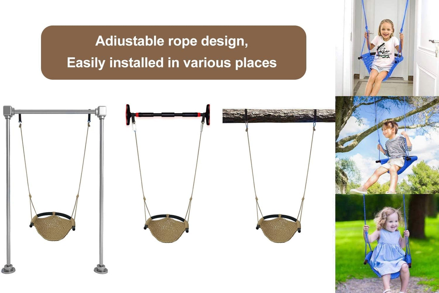 Hand-Knitting Toddler Swing, Swing Seat for Kids with Adjustable Ropes, Little tikes Swings Set, for Outdoor Indoor, Playground, Backyard (Light Brown)