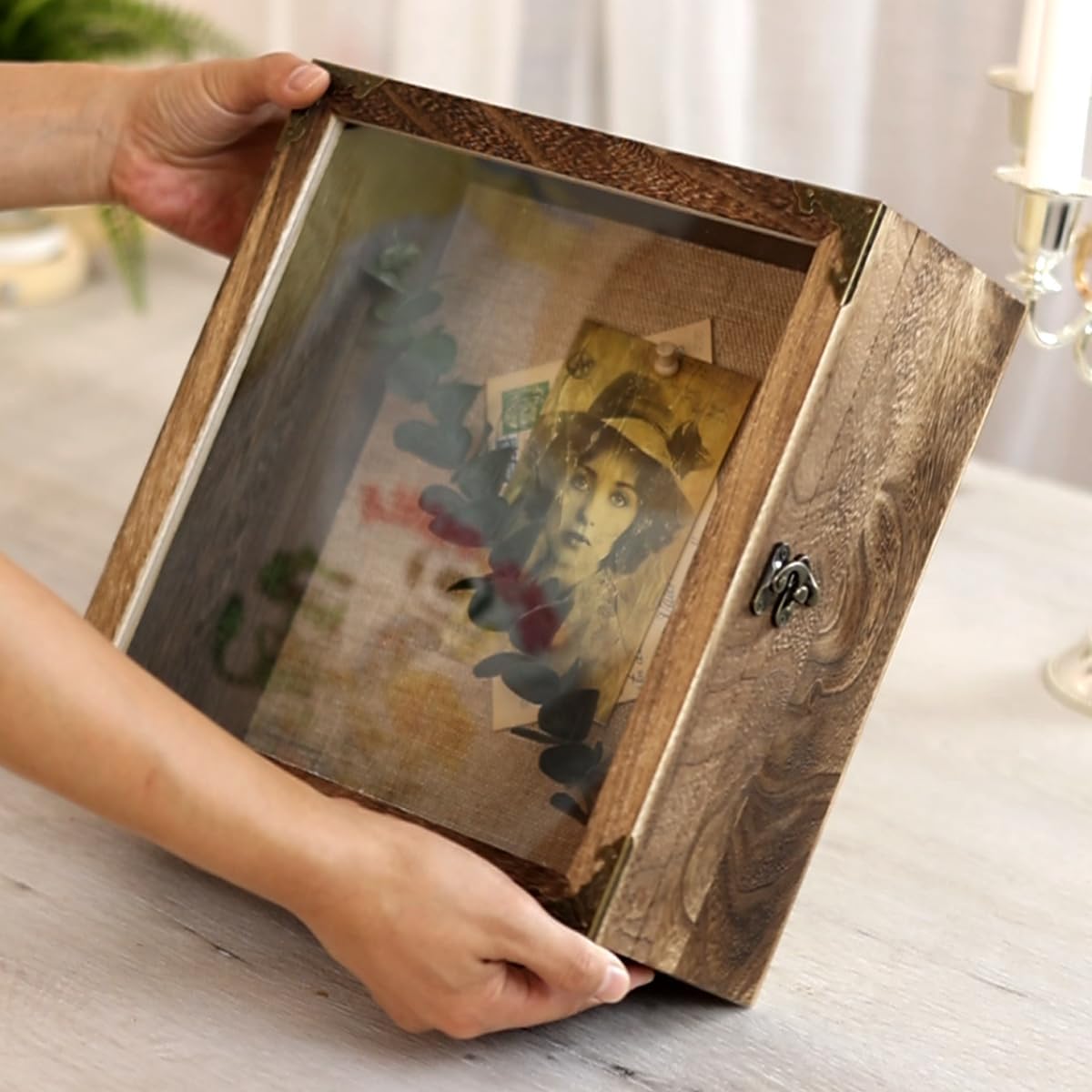 11x11 Deep Shadow Box Frame, 4.5" Depth – Burnt Wood Display Case with Acrylic Door, Vintage Metal Corners. Holds Medals, Photos, Coins, Awards, Wedding & Military Keepsakes