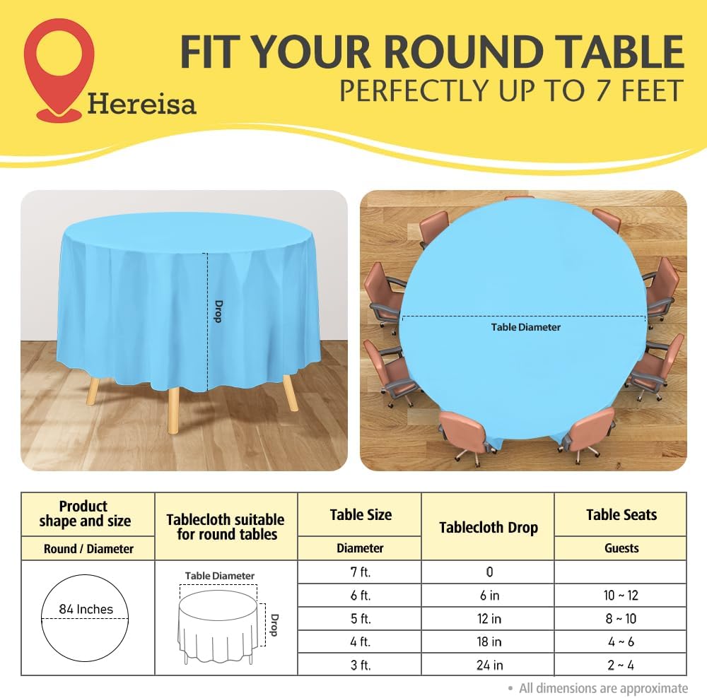 Brand Round Light Blue Plastic 84" Disposable Tablecloth (3 Pack), Party & Event Decorative Cover
