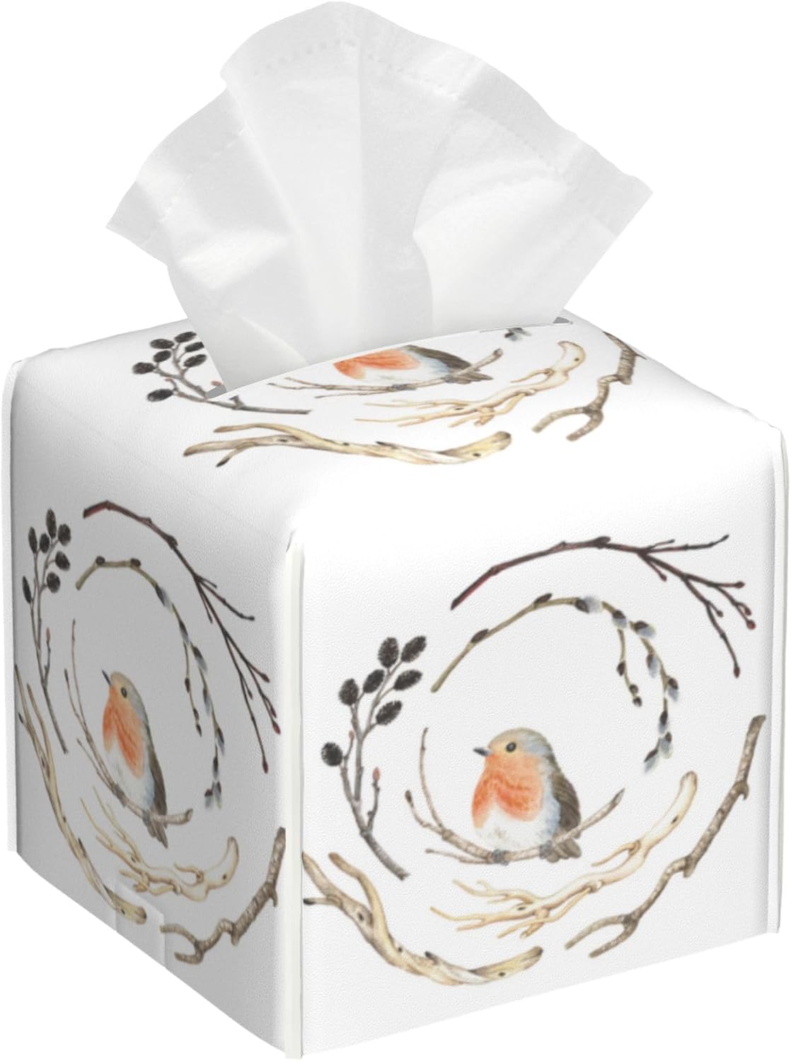 Watercolor Bird on Branches Tissue Box Cover Square, Tissue Box Holder Leather Facial Paper Case Decorative Organizer Holder Dispenser Home Office Car Decor