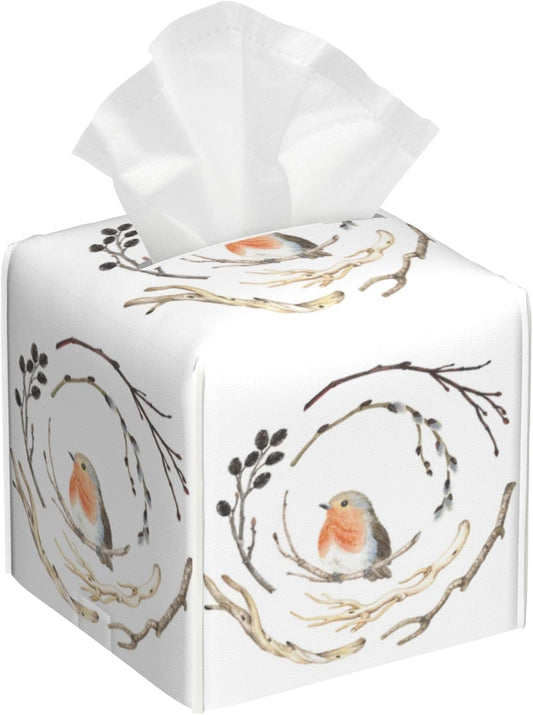 Watercolor Bird on Branches Tissue Box Cover Square, Tissue Box Holder Leather Facial Paper Case Decorative Organizer Holder Dispenser Home Office Car Decor