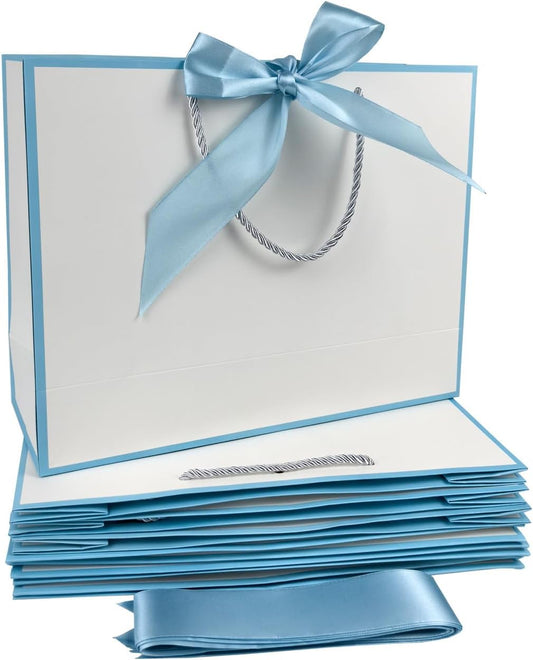 TKSBAG 12PCS Gift Bags Medium Size with Handles, 12.5 x 9.8 x 4.3 In Light Blue Thank You Bags with Bow Ribbon for Wedding, Birthday, bridesmaid, Baby Shower, Party Favors, Thanksgiving, Christmas