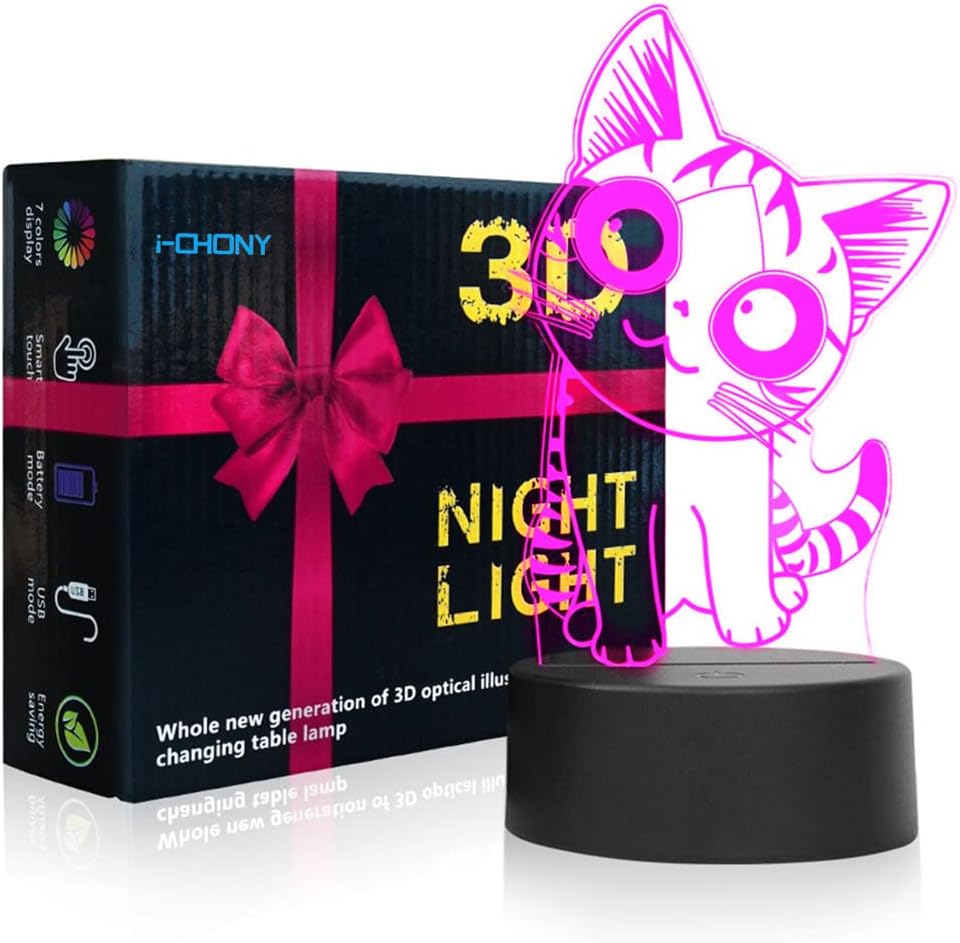 i-CHONY Cat Gift Night Light for Kids,Auto 7 Colors Changing Anime Table Lamp,3D Illusion Bedside Lamp,Cute Cat Gifts for Women Teens Boys Girls Birthday Christmas Gifts