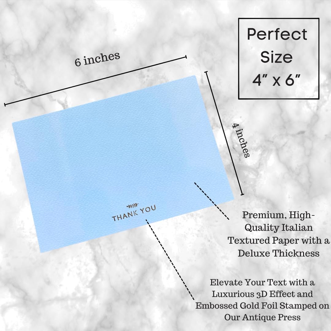 RUN2PRINT Thank You Cards with Envelopes & Gold Foil Stickers – 36‑Pack Flat Dusty Blue Cards (4″×6″) – Embossed Italian Textured Thick Paper – For Weddings, Business & Every Occasion (Carolina Blue, Pack of 36)