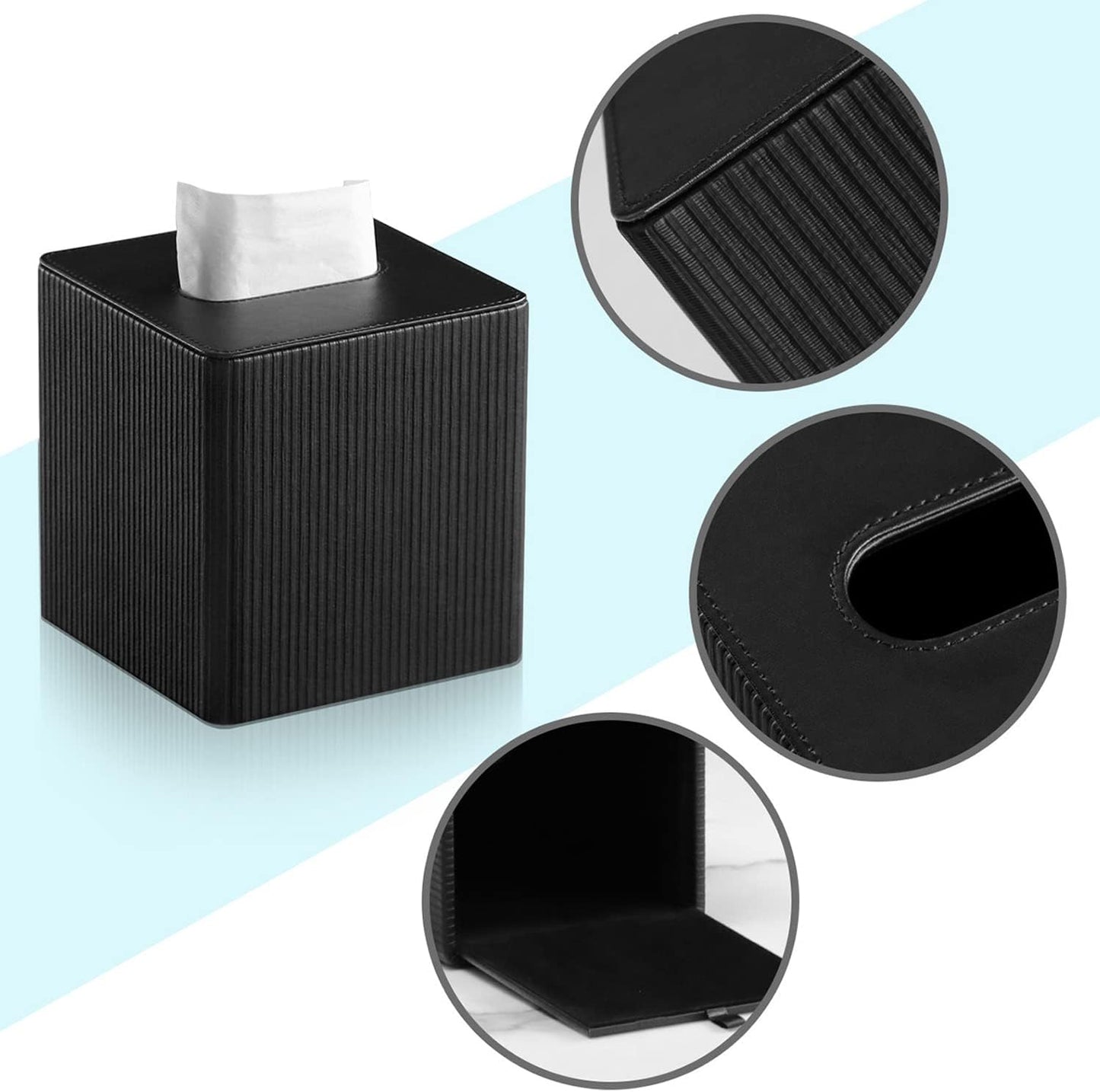 PU Leather Tissue Box Cover Square with Magnetic Closure, Modern Tissue Box Holder for Bathroom Bedroom Office Desk, Decorative Square Tissue Holder (Black)