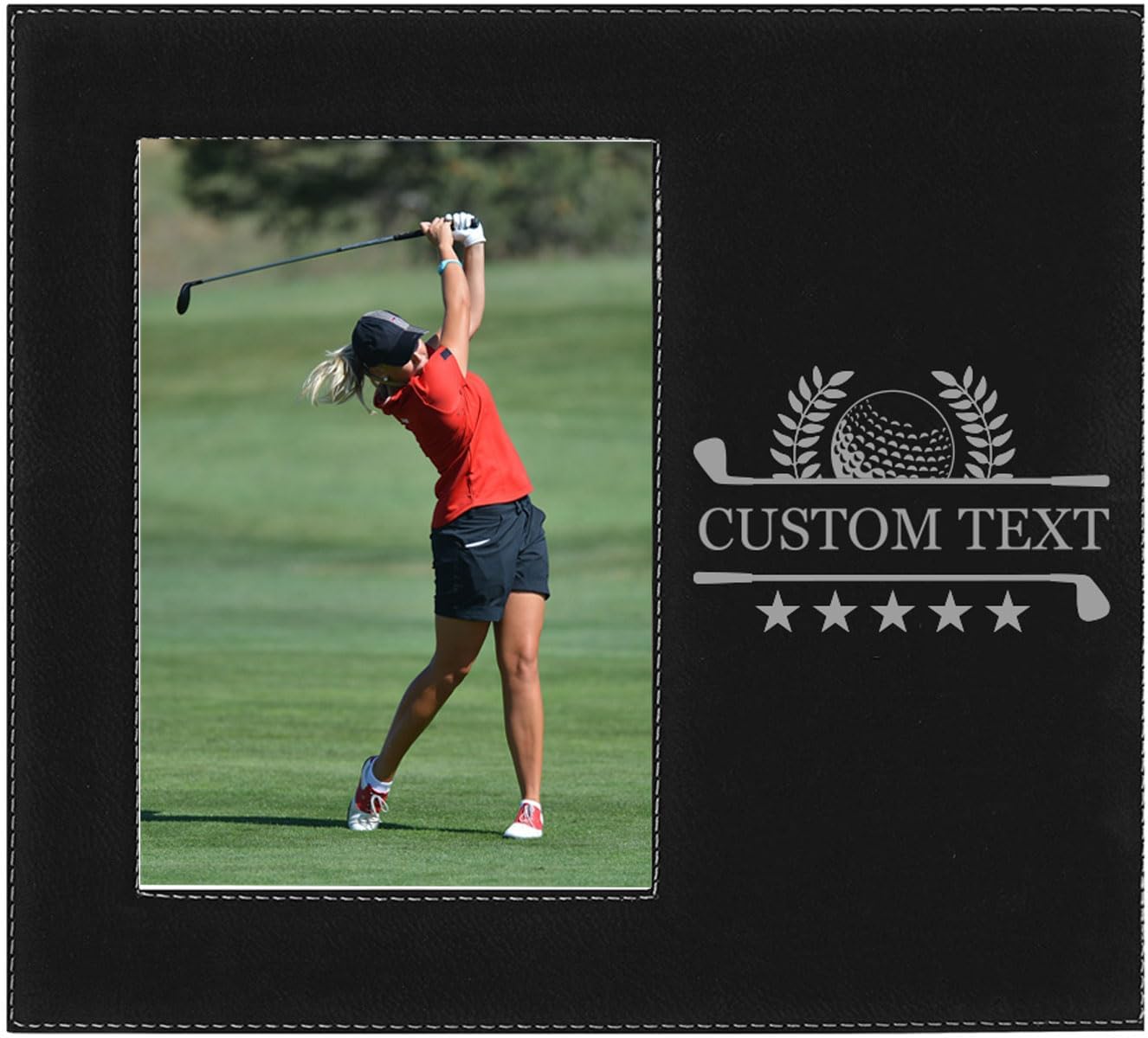 Crossed Golf Clubs, Golf Ball Faux Leather Black Leatherette Personalized Group Picture Family 5x7 Custom Portrait Vertical Kid's Photo Customized Frame