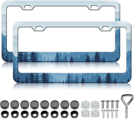 Mountain Forest License Plate Frames - 2 Pack Front Rear Mountains Tree License Plates Holder Covers, Aluminum Metal Rust-Proof Waterproof Car Tag Frame with Screws Fasteners Caps
