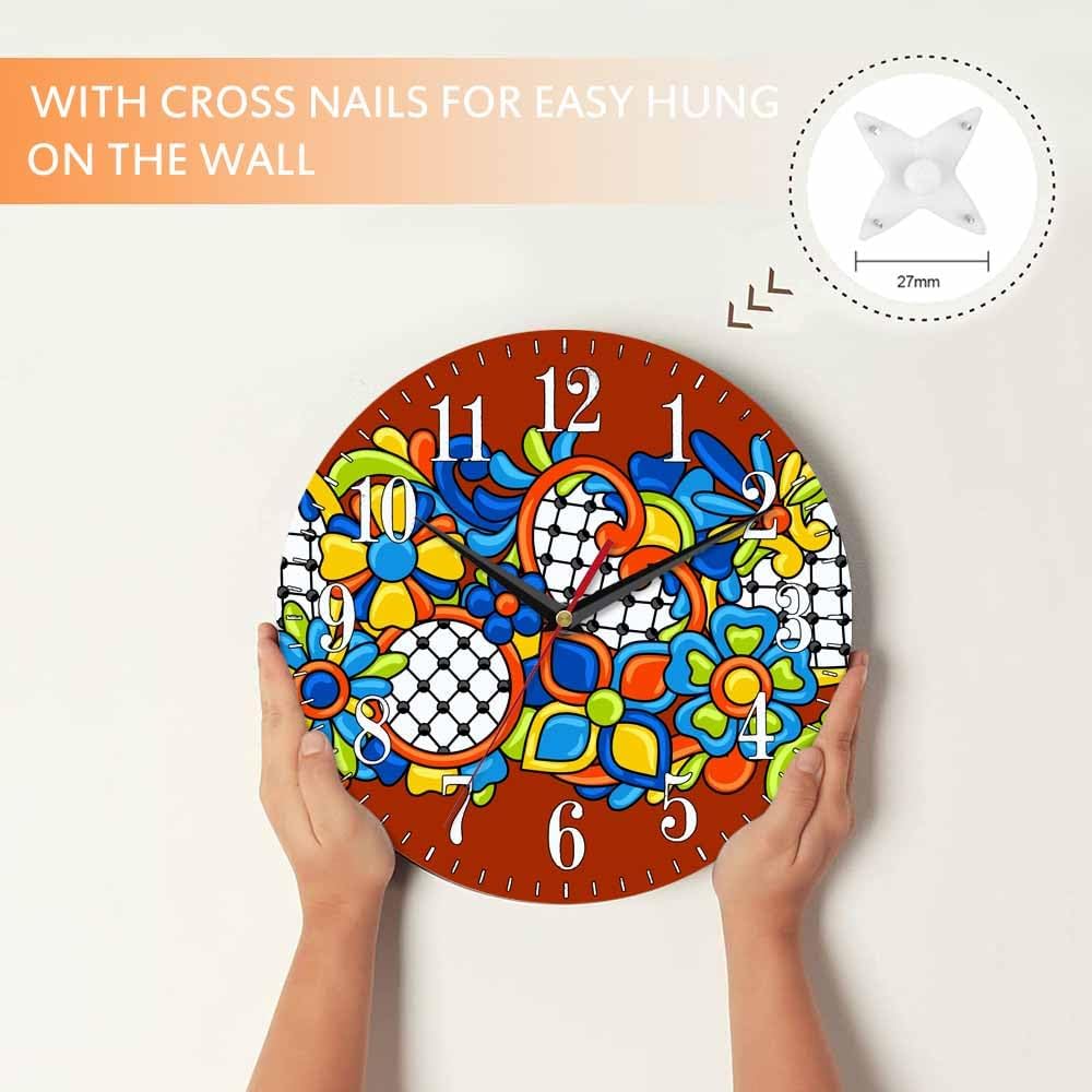 Mxocom Mexican Pattern Wall Clock Abstract Ornamental Flowers Ethnic Print 10 Inch Silent Non Ticking Battery Operated Clock Vintage Round Clock for Living Room Bedroom Bathroom Office Decor