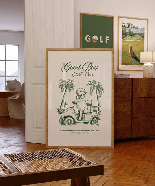 Good Boy Golf Club Poster, Golden Retriever Dog Driving Golf Cart Print, Funny Retro Golf Wall Art, Stylish Golf Wall Decor for Home, Office, or Man Cave (Unframed) (27x40)