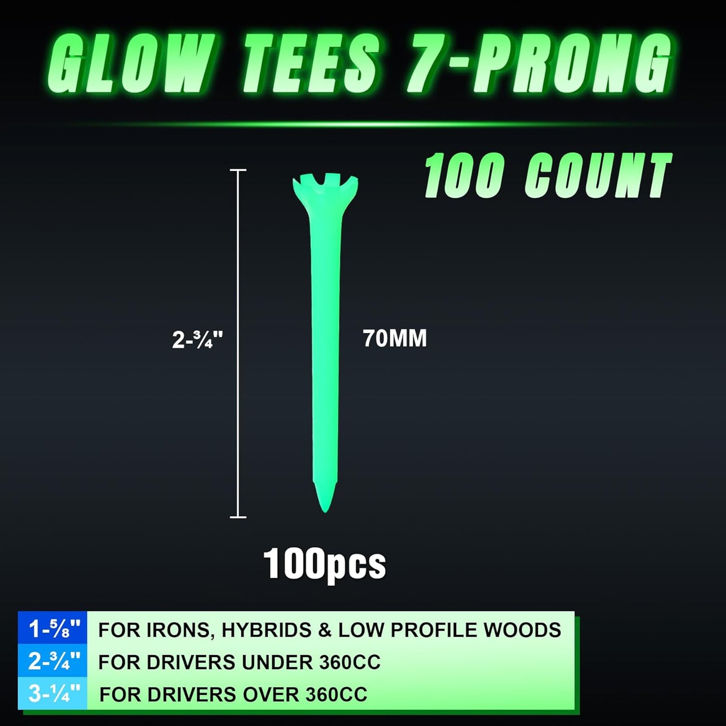 KINGTOP Glow-in-The-Dark Golf Tees, Fluorescent Green Light Up Golf Tee, Long-Lasting Illumination Perfect for Night Golf
