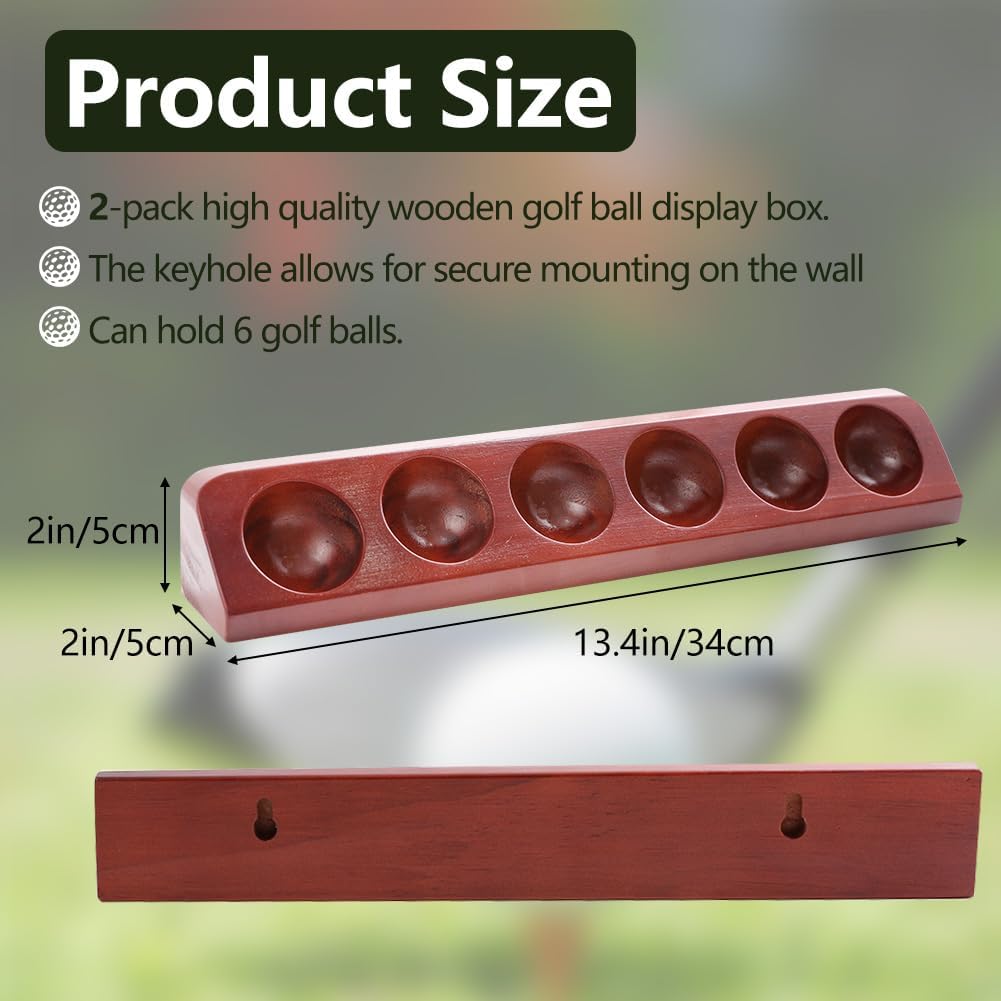 2-Pack Wooden Golf Ball Display Case - Wall Mount or Tabletop Stand - Holds 12 Standard Size Golf Balls - Collector Sport Memorabilia Display - Perfect Golf Gift for Men (Golf Accessories)