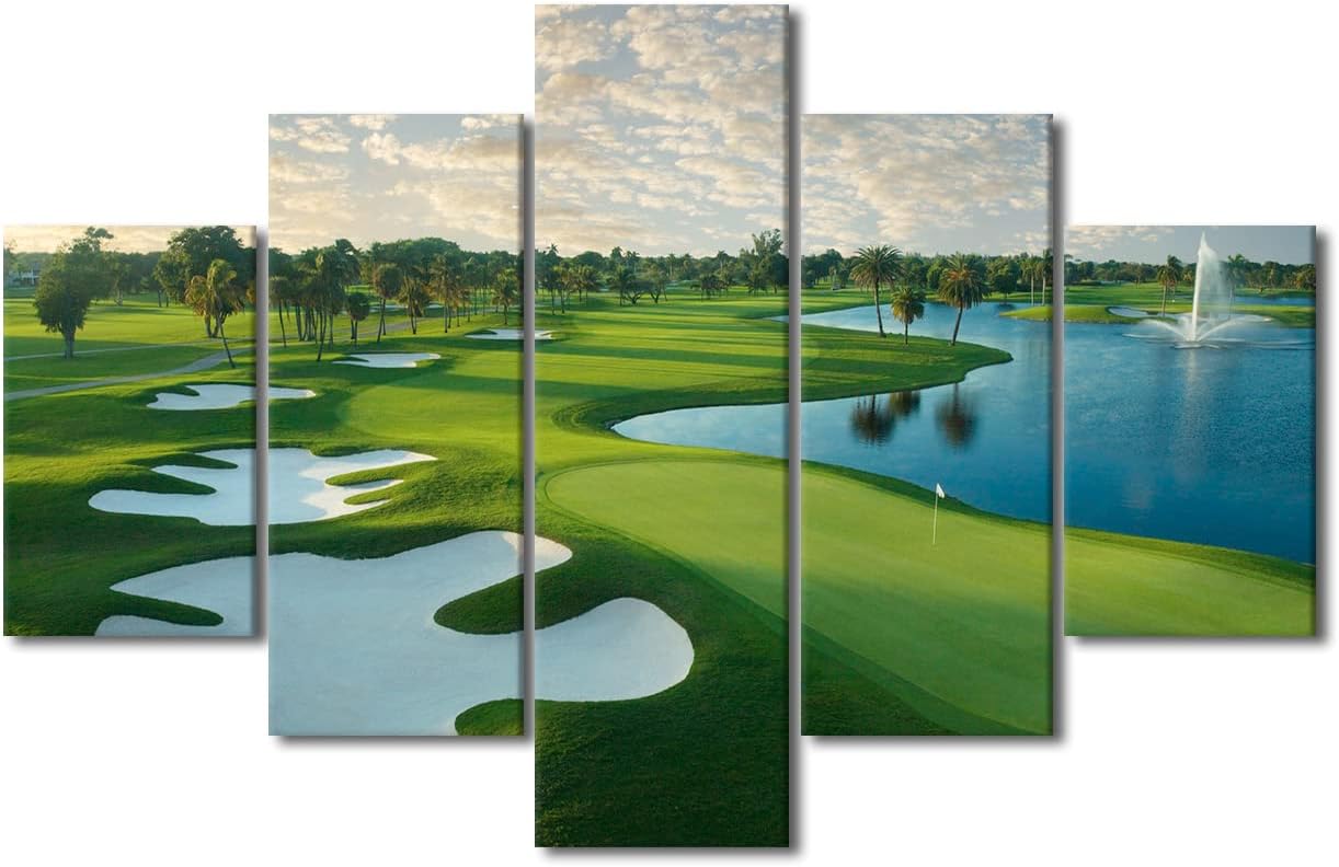 Pictures Wall Decor Golf Course Artwork Blue Lake and Green Grass Paintings for Living Room Giclee Multi Panel Prints Wall Art on Canvas House Decorations Framed Stretched Ready to Hang - 60"W x 40"H