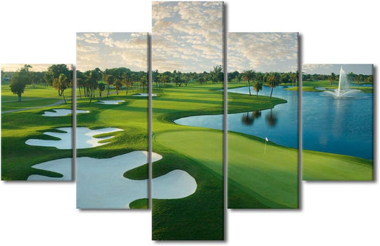 Pictures Wall Decor Golf Course Artwork Blue Lake and Green Grass Paintings for Living Room Giclee Multi Panel Prints Wall Art on Canvas House Decorations Framed Stretched Ready to Hang - 60"W x 40"H