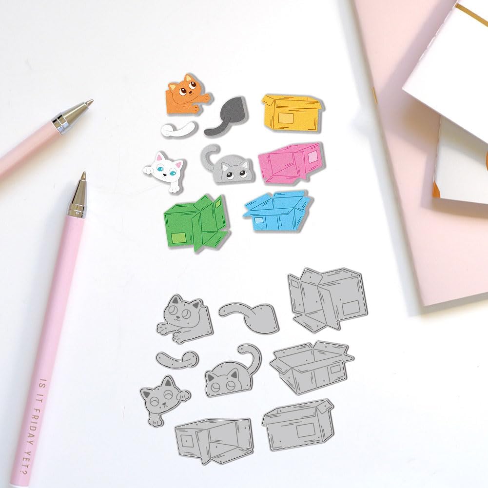 Cardboard Cat Cutting Dies Kitty Playing Scene Card Making Die Cuts Carbon Steel Stencils Scrapbooking Embossing Template Dies for DIY Craft Album Cat Lover Birthday Festival Gift Decor