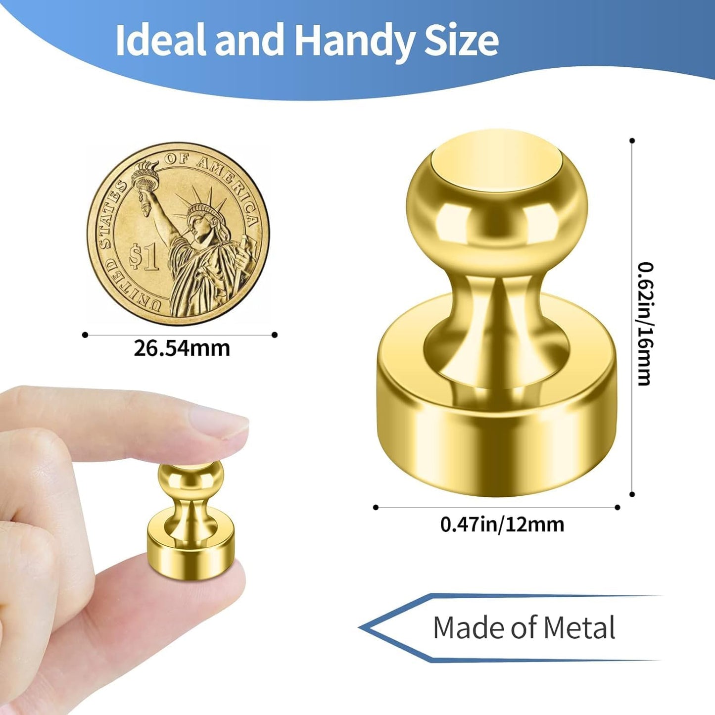 Small Strong Refrigerator Magnets Black Magnets for Fridge Mini Magnetic Push Pins Metal Brushed Nickel for Whiteboard Map, Fridge Magnets Adult, Office Magnet (Gold, 24Pack)