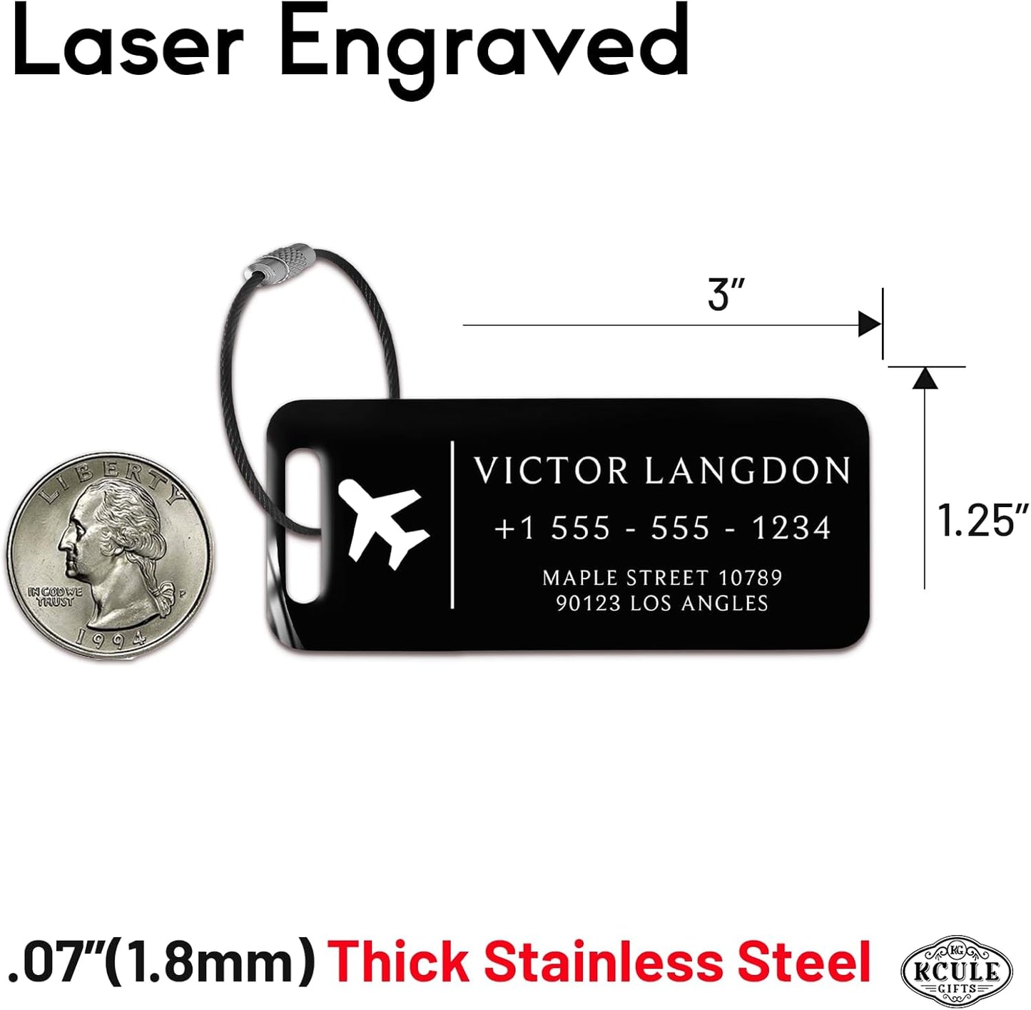 Personalized Luggage Tags for Suitcases - Stainless Steel Custom Luggage Tags for Backpacks & Bags, Sturdy, Waterproof & Heavy Duty (Black / 3" x 1.25")