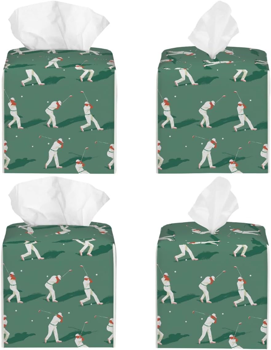 Square Leather Tissue Box Cover, Waterproof Napkin Dispenser with Golf Player Print, Tissue Holder for Bathroom, Living Room, Bedroom, Office, and Car Decor