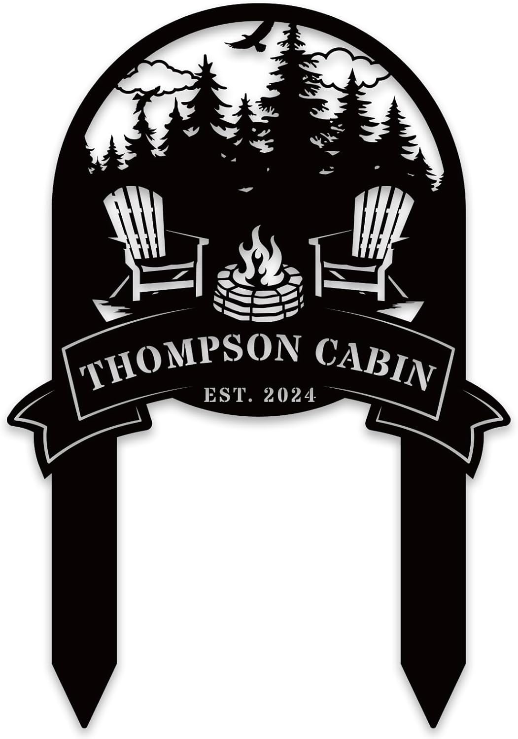 Personalized Family Name Firepit Scene Sign with Yard Stake, Rustic Personalized Camping Decor