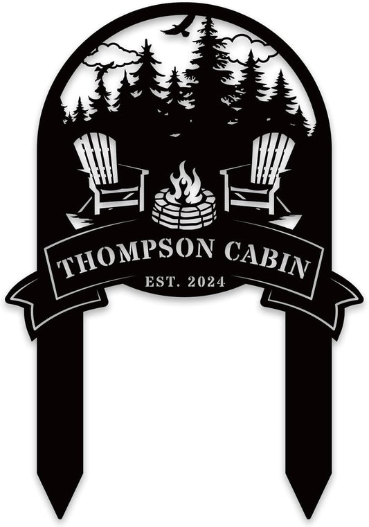 Personalized Family Name Firepit Scene Sign with Yard Stake, Rustic Personalized Camping Decor