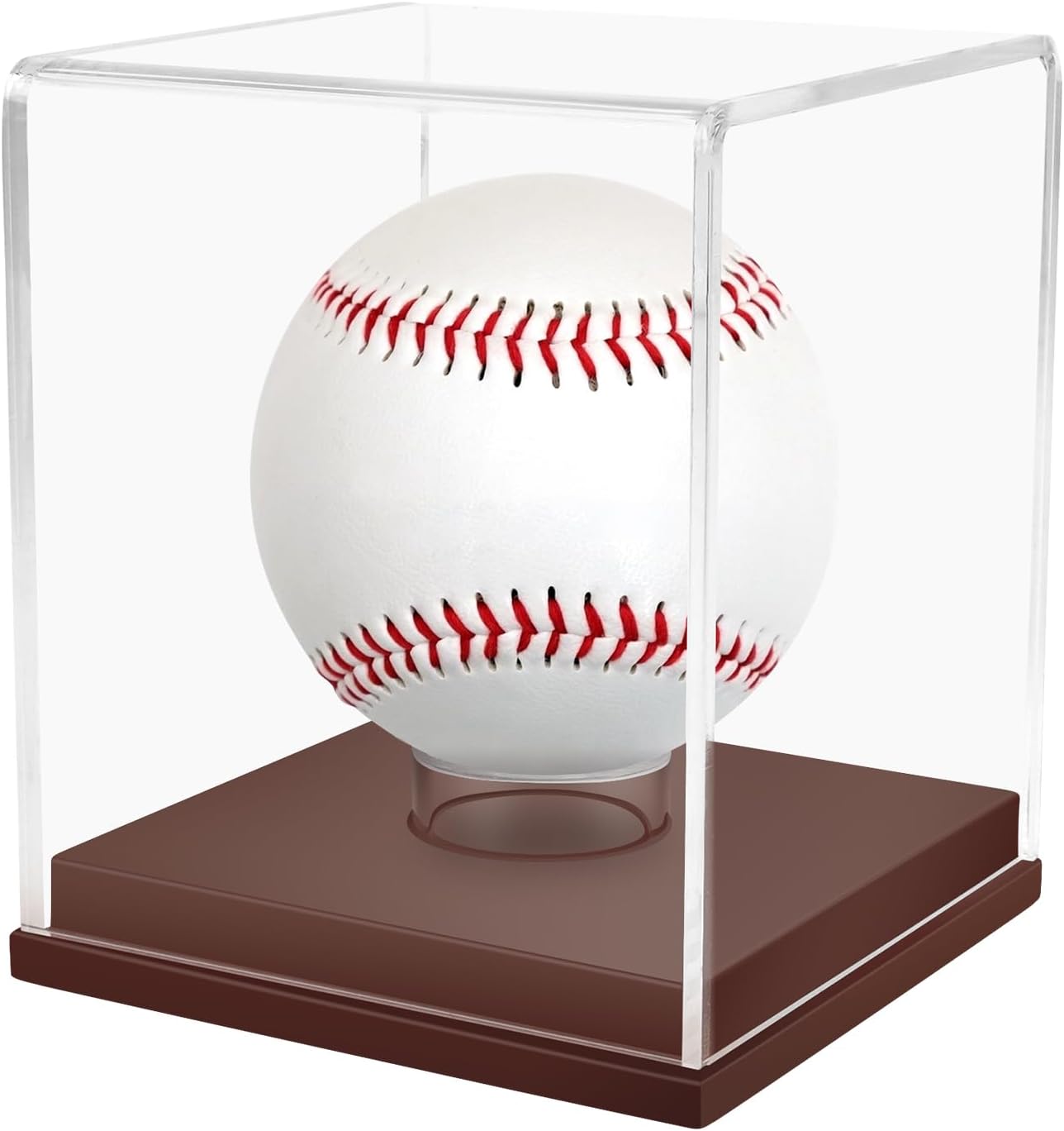 Baseball Display Case, UV Protected Clear Acrylic Cube Golf Ball Display Holder, Autograph Stand and Memorabilia Showcase Box for One Ball, Brown Wooden Base