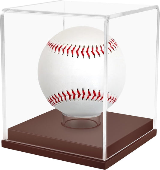Baseball Display Case, UV Protected Clear Acrylic Cube Golf Ball Display Holder, Autograph Stand and Memorabilia Showcase Box for One Ball, Brown Wooden Base