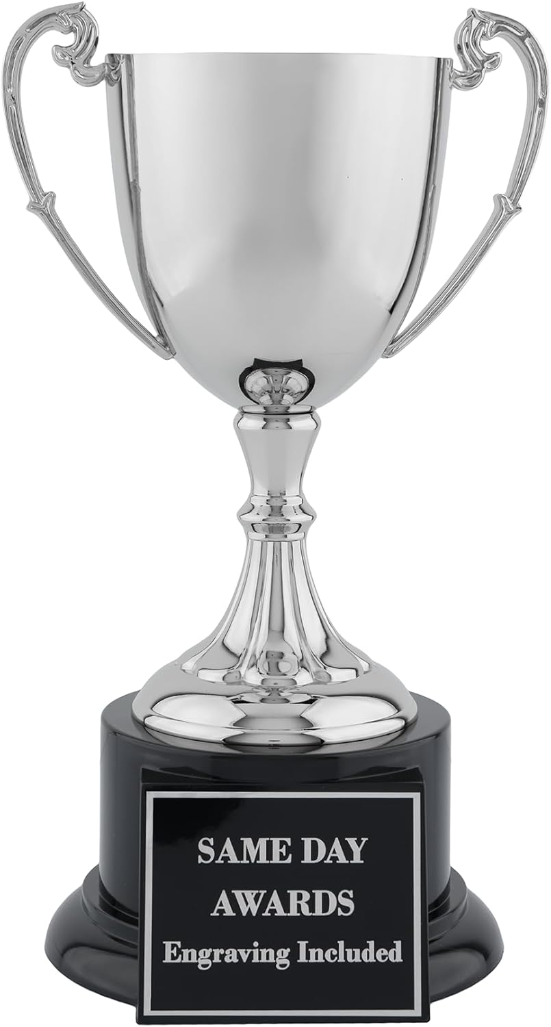 Elite Nickel-Plated Metal Trophy Cup – Custom Engraved Award Polished Finish on Ebony Wood Base, Premium Recognition for Golf, Tennis, Corporate Awards, Championship Events & Competitions