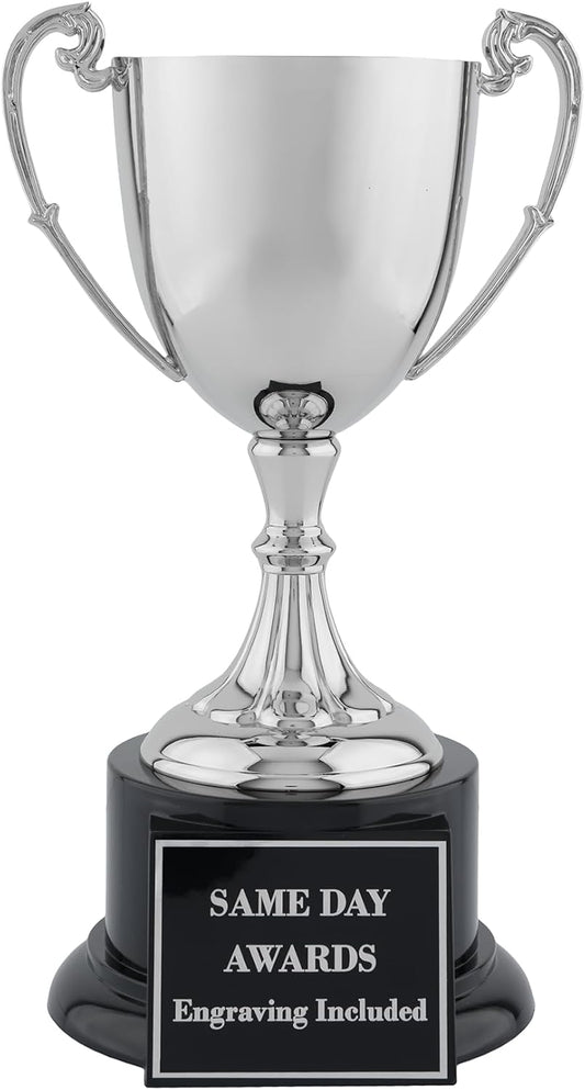 Elite Nickel-Plated Metal Trophy Cup – Custom Engraved Award Polished Finish on Ebony Wood Base, Premium Recognition for Golf, Tennis, Corporate Awards, Championship Events & Competitions