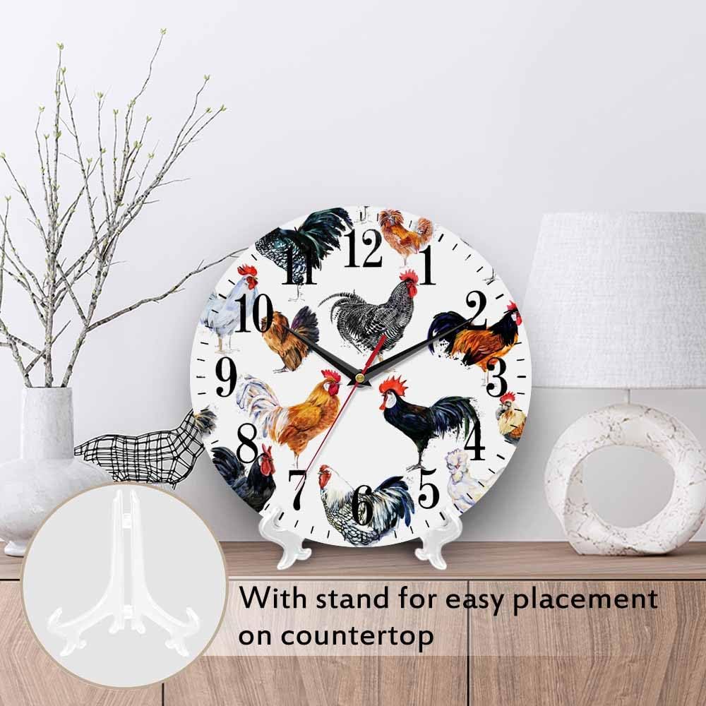 Mxocom Roosters Wall Clock Farm Watercolor Hen Chicken Pattern 10 Inch Silent Non Ticking Battery Operated Clock Vintage Round Clock for Living Room Bedroom Bathroom Office Decor