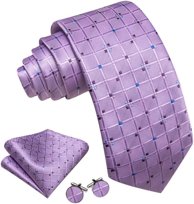 Barry.Wang Designer Classic Ties for Men Set Formal Pocket Square Cufflink Check Plaid