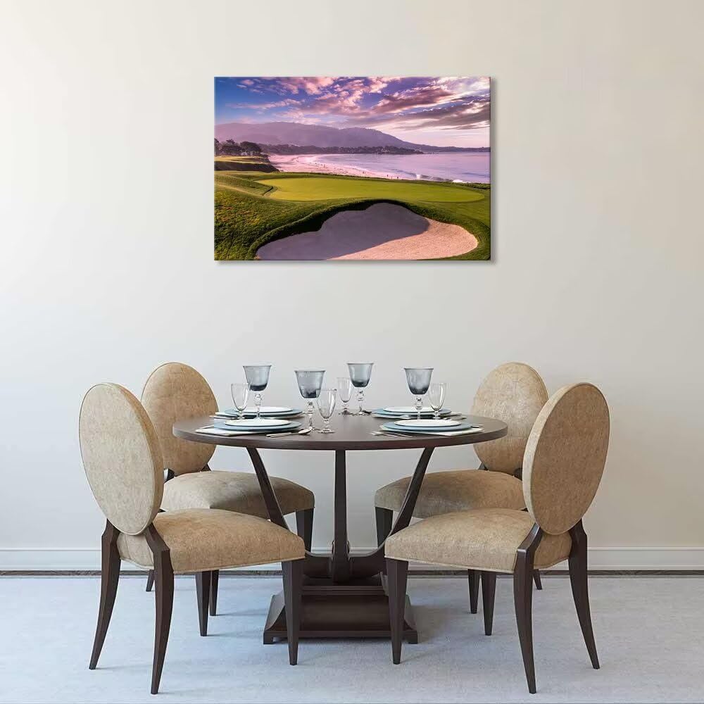 Pebble Beach Golf Course 9th Hole Wall Art for Living Room Bedroom Bathroom Home Decorations Monterey California USA Golf Course Picture Poster Canvas Prints Framed Ready to Hang(18''H x 24''W)