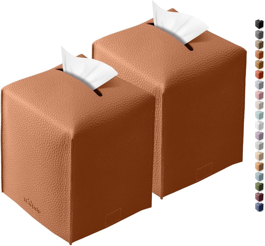 Tissue Box Cover for PU Leather, Modern Simple Solid Color Holder Square Tissue Bag, Ideal for Bathrooms,Office,Car,Nightstand,Outdoor Tent,Dining Table,5"X5"X5", Double Camel