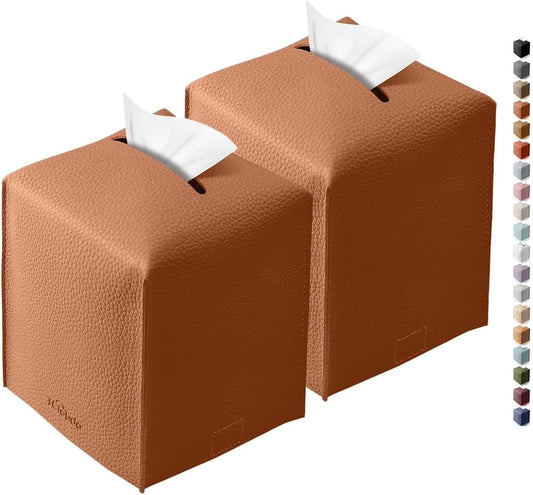 Tissue Box Cover for PU Leather, Modern Simple Solid Color Holder Square Tissue Bag, Ideal for Bathrooms,Office,Car,Nightstand,Outdoor Tent,Dining Table,5"X5"X5", Double Camel