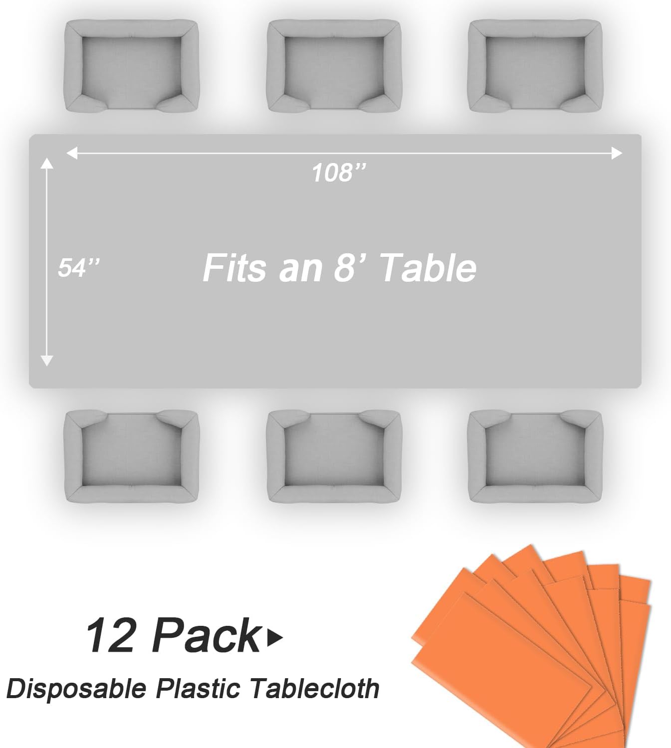QIKSION Plastic Table Cloth Disposable 12 Pack, 54 x 108 Inch Tablecloths for Rectangle Tables, Orange Plastic Table Cover
