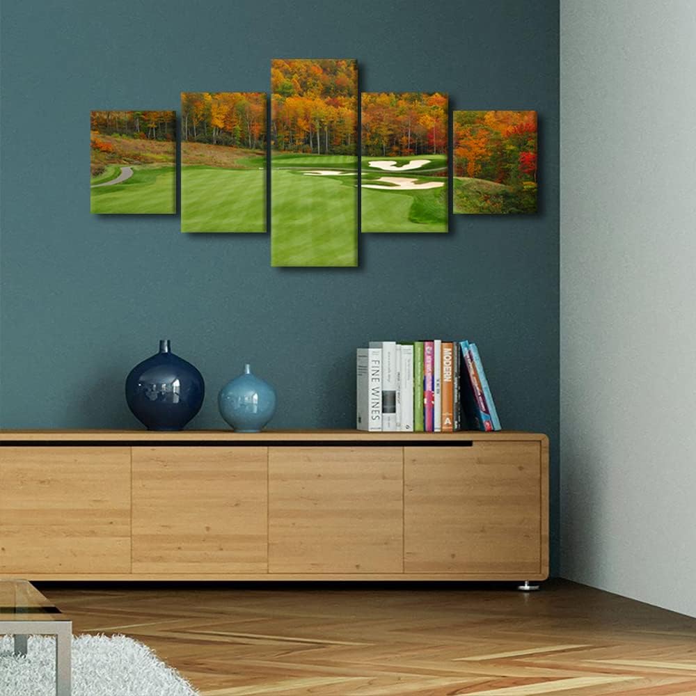 5 Piece Golf Course North Carolina Mountains Fall Nature Landscape Wall Art Office Wall Decor Pictures Paintings for Living Room Bedroom Canvas Prints Posters Framed Ready to Hang - 50"W x 24"H