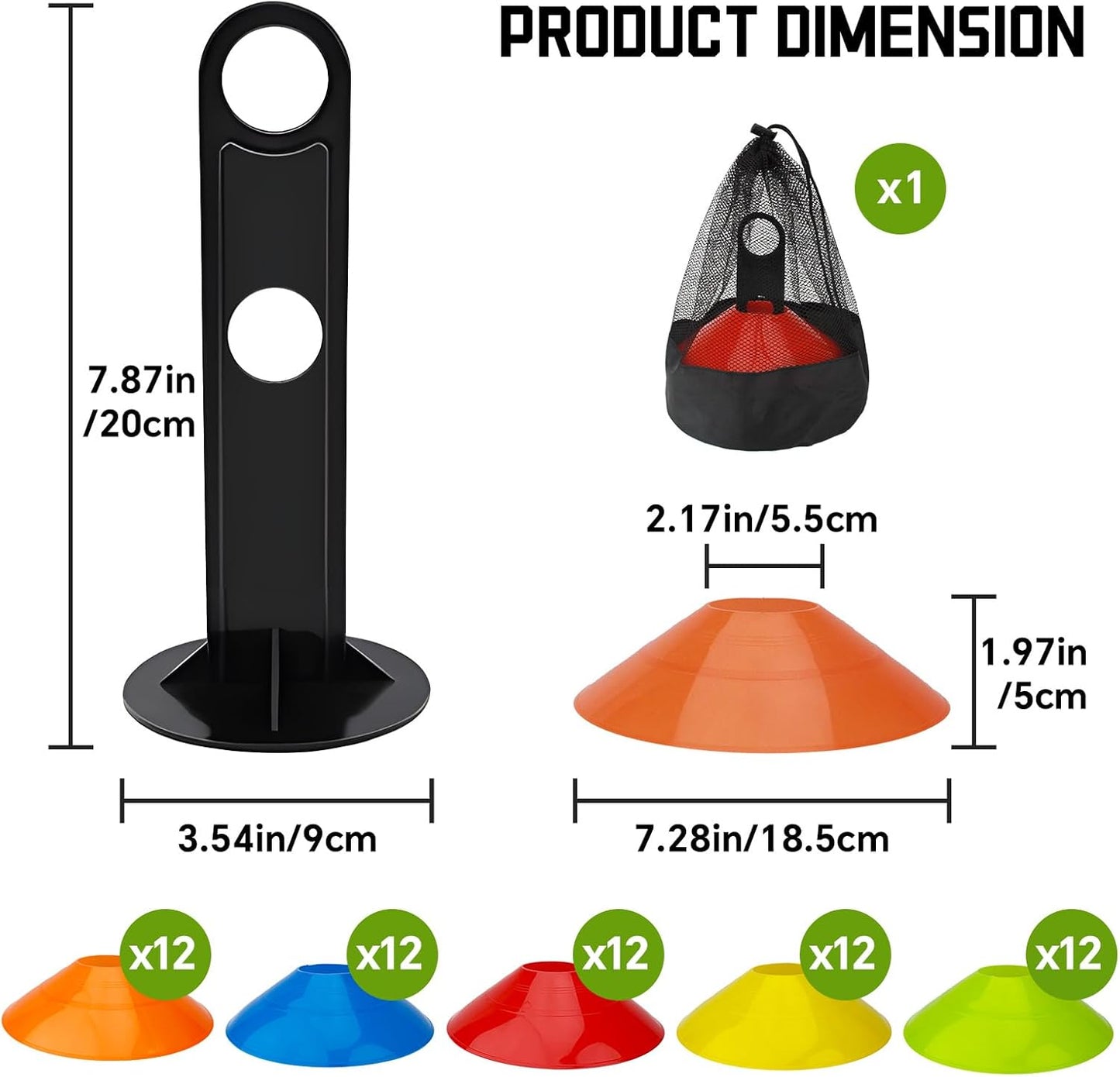 Soccer Training Cones, Football Sport Cones Training Field Marker Agility Cones with Carry Bag and Holder for Drills, Basketball, Coaching, Practice Equipment, 5 Color