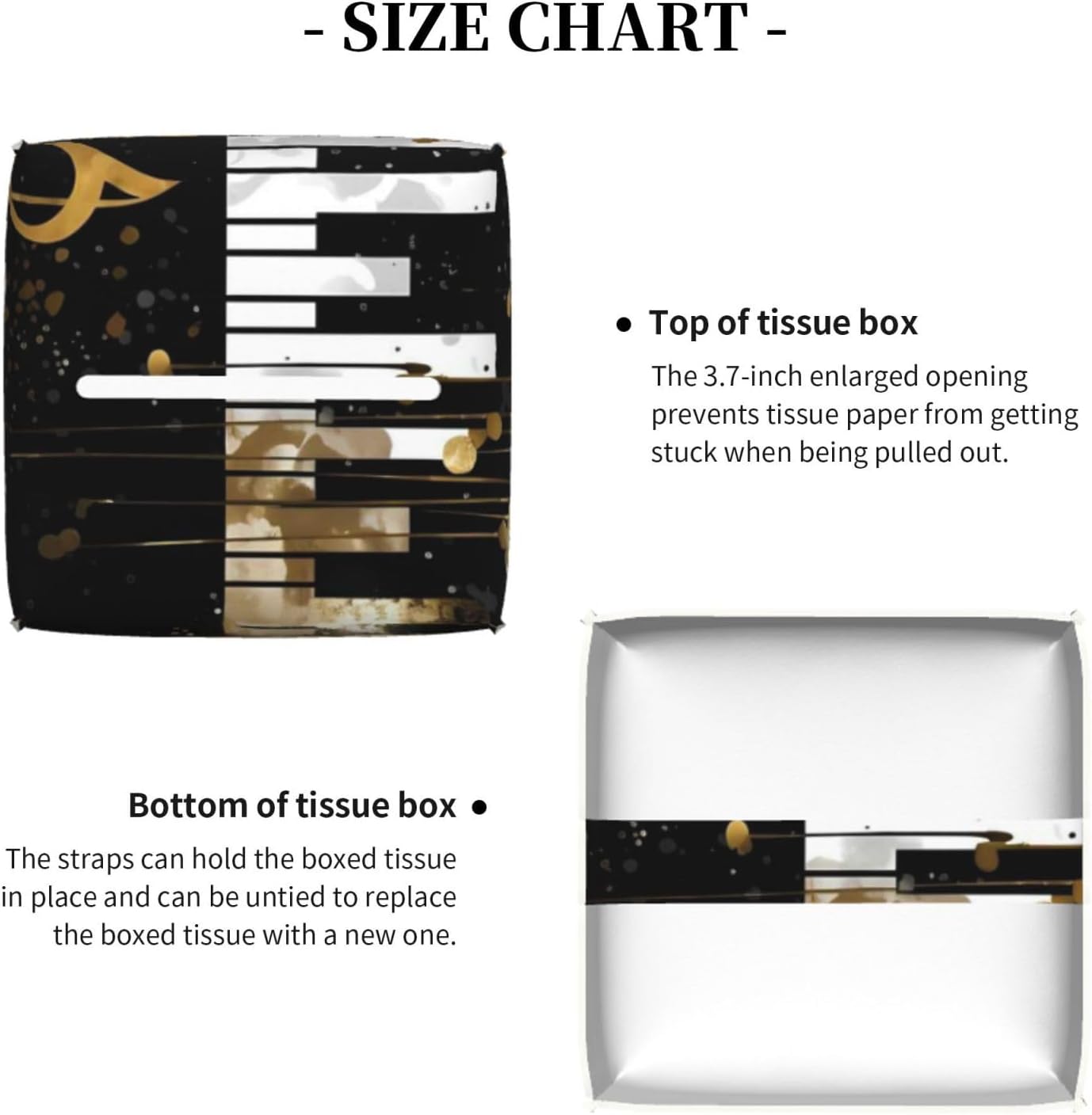 Tissue Box Cover Golden Music Notes Piano Keys Square PU Leather Tissue Box Holder for Car Bathroom Bedroom Desk Tabletop Decor